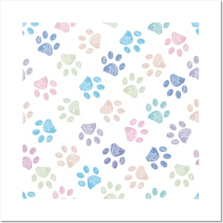 Seamless colorful doodle paw prints pattern Posters and Art